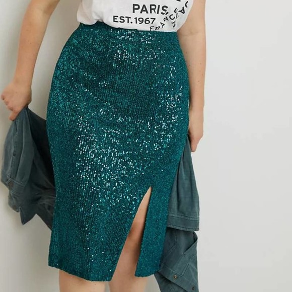 Anthropologie Dresses & Skirts - Maeve Anthropologie Alicia Sequin Midi Skirt Turquoise Medium